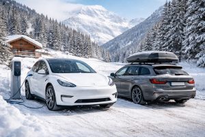 Zimowy wyjazd w góry samochodem – auto elektryczne ładowane przy górskim schronisku oraz samochód spalinowy zaparkowany na ośnieżonym parkingu w alpejskim krajobrazie
