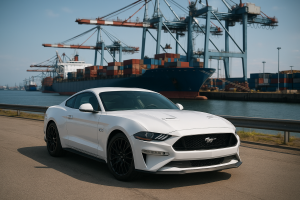 samochód amerykański na tle portu morskiego, gotowy do transportu