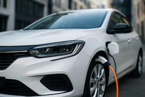 Realistyczny samochód hybrydowy na drodze w naturalnym świetle, widok z boku, nowoczesny design