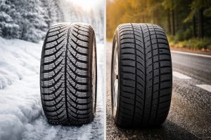 Porównanie opony zimowej i opony całorocznej ustawionych na drodze, z tłem przedstawiającym zimowe warunki oraz mokry asfalt