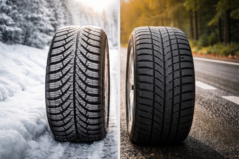 Porównanie opony zimowej i opony całorocznej ustawionych na drodze, z tłem przedstawiającym zimowe warunki oraz mokry asfalt