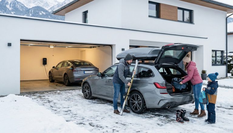 Rodzina pakuje samochód na zimowy wyjazd w góry – porównanie auta elektrycznego i spalinowego na ferie