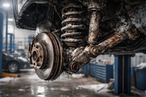 zużycie zawieszenia zimą widoczne na elementach hamulców i zawieszenia pokrytych solą oraz błotem w warsztacie