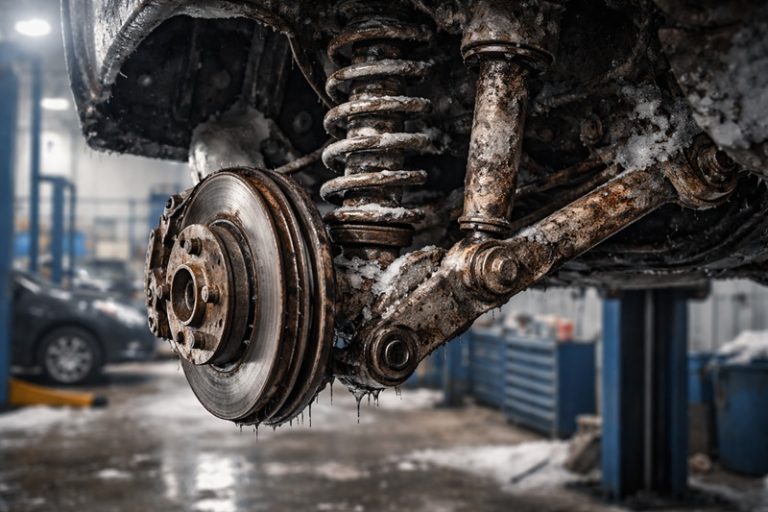 zużycie zawieszenia zimą widoczne na elementach hamulców i zawieszenia pokrytych solą oraz błotem w warsztacie