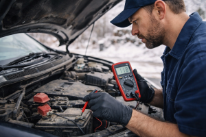 Mechanik mierzy napięcie akumulatora samochodowego multimetrem pod maską auta
