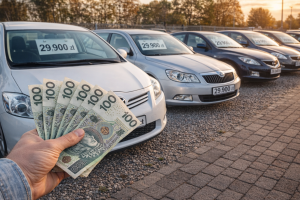 Rząd używanych samochodów z budżetem 30 tys. zł i banknoty w dłoni kupującego