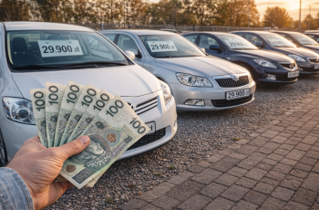 Rząd używanych samochodów z budżetem 30 tys. zł i banknoty w dłoni kupującego