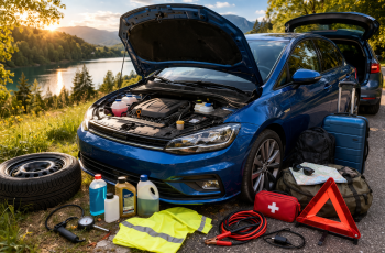 przygotowanie samochodu do długiej trasy, kontrola silnika i wyposażenia przed wyjazdem na majówkę