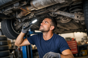 Mechanik sprawdzający podwozie samochodu na podnośniku po zimie