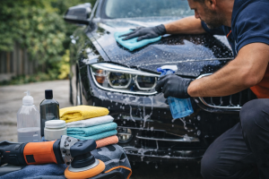 Mężczyzna wykonujący wiosenny detailing czarnego samochodu