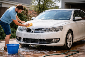 Mężczyzna myjący biały samochód na podjeździe przed domem