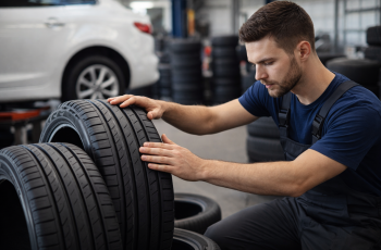 Mechanik sprawdza nowe opony letnie w warsztacie samochodowym