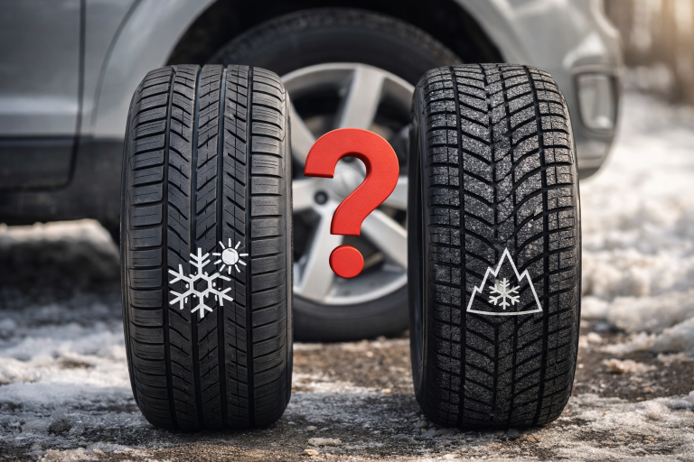 Dwie opony samochodowe — letnia i zimowa — symbol wyboru opon wielosezonowych