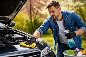 przygotowanie samochodu do wiosny podczas czyszczenia i sprawdzania auta na podjeździe w słoneczny dzień