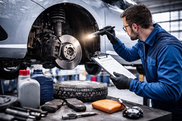 mechanik sprawdza co sprawdzić po zimie w aucie podczas kontroli hamulców