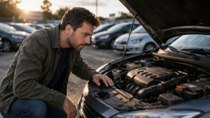 Mężczyzna sprawdzający silnik samochodu przed zakupem na parkingu