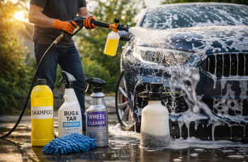 Osoba myje samochód pianą aktywną przy użyciu myjki ciśnieniowej i środków detailingowych