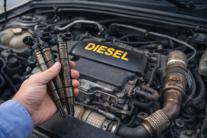 Silnik diesla z wtryskiwaczami w dłoni mechanika jako symbol kosztów napraw i utrzymania auta