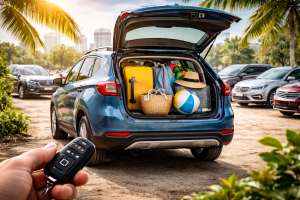 Samochód przygotowany do wakacyjnej podróży z bagażem w otwartym bagażniku