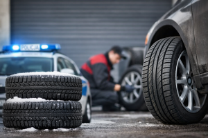 Wymiana opon na letnie — koło z oponą letnią oraz zimowe opony obok samochodu