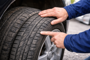 Mechanik sprawdza zużycie bieżnika opony samochodowej przed sezonową wymianą