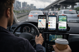 kierowca w samochodzie korzystający z aplikacji nawigacyjnych i parkingowych w ruchu miejskim