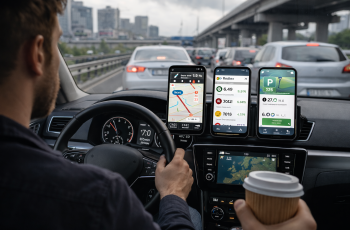 kierowca w samochodzie korzystający z aplikacji nawigacyjnych i parkingowych w ruchu miejskim