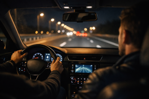 kierowca prowadzący samochód nocą na autostradzie podczas długiej trasy