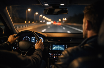 kierowca prowadzący samochód nocą na autostradzie podczas długiej trasy