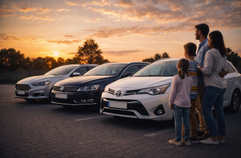 Rodzinne auto typu kombi zaparkowane na podjeździe, obok rodzina pakująca bagaże przed wyjazdem, symbol praktycznego wyboru samochodu