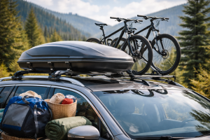 Samochód z boxem dachowym i rowerami na dachu podczas wyjazdu w góry