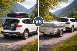 Samochód z boxem dachowym oraz auto z przyczepką podczas podróży