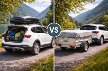 Samochód z boxem dachowym oraz auto z przyczepką podczas podróży