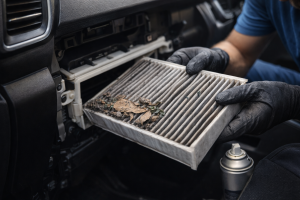 brudny filtr kabinowy wyciągany z samochodu