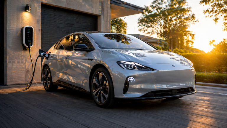 Samochód elektryczny ładowany przy domu jednorodzinnym o zachodzie słońca, fotorealistyczna scena wysokiego kontrastu