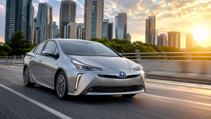 Nowoczesny samochód hybrydowy jadący przez miasto o zachodzie słońca, dynamiczna scena