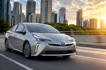 Nowoczesny samochód hybrydowy jadący przez miasto o zachodzie słońca, dynamiczna scena