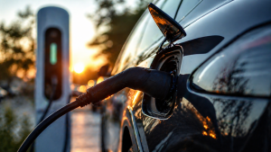 samochód elektryczny podłączony do ładowarki podczas zachodu słońca