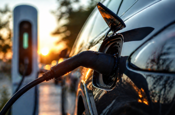 samochód elektryczny podłączony do ładowarki podczas zachodu słońca