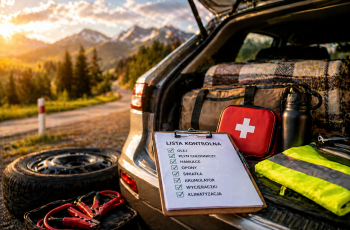 Samochód przygotowany do wyjazdu na majówkę stojący przy drodze