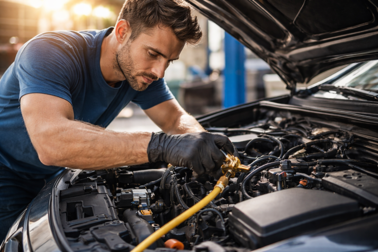 mechanik napełniający klimatyzację samochodową w warsztacie