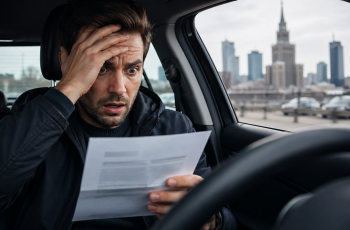 kierowca w samochodzie zaskoczony wysoką ceną ubezpieczenia OC w dużym mieście