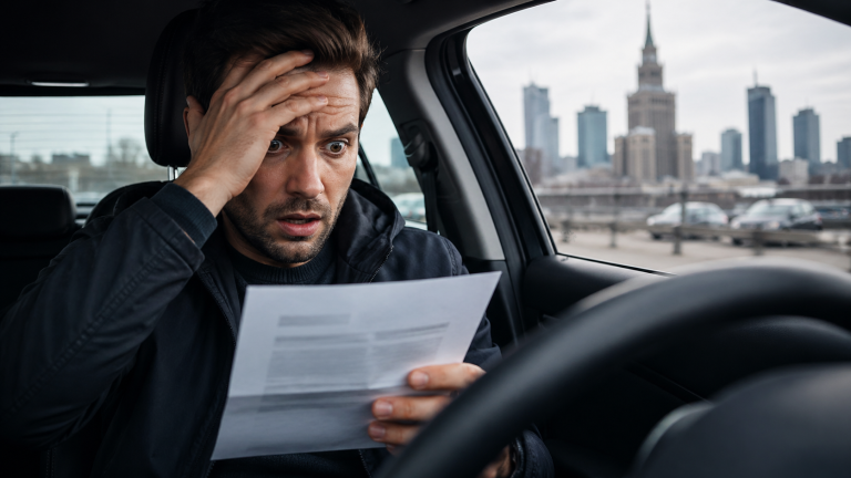 kierowca w samochodzie zaskoczony wysoką ceną ubezpieczenia OC w dużym mieście