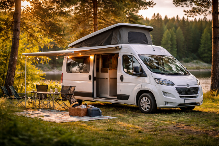 kamper na łonie natury vanlife jezioro podróż samochodem