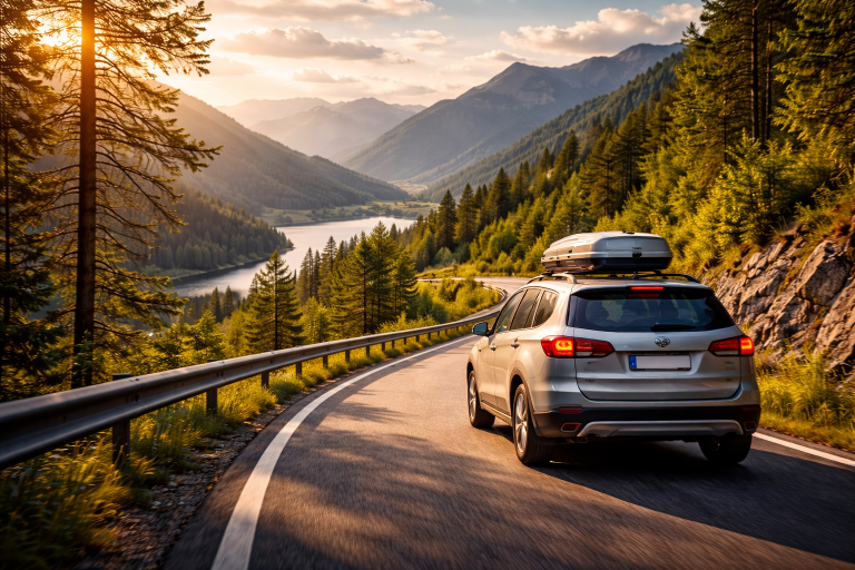 samochód na górskiej drodze widokowej Polska jezioro krajobraz