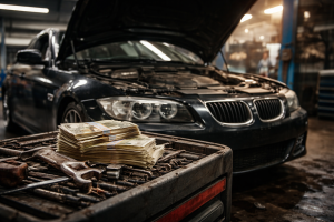 Samochód z otwartą maską w warsztacie i stos pieniędzy symbolizujący wysokie koszty napraw