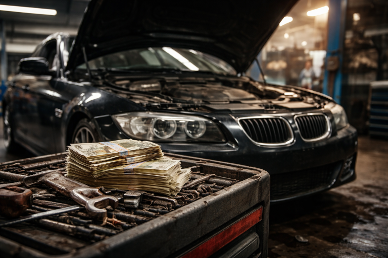 Samochód z otwartą maską w warsztacie i stos pieniędzy symbolizujący wysokie koszty napraw
