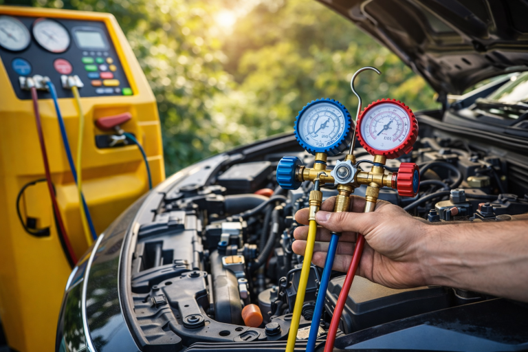 mechanik sprawdzający klimatyzację samochodową w warsztacie