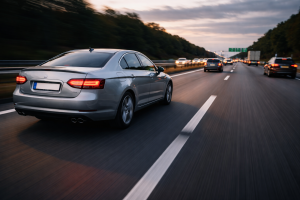 samochód jadący autostradą o zachodzie słońca dynamiczne ujęcie