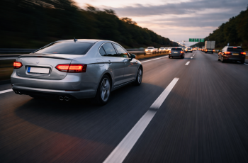 samochód jadący autostradą o zachodzie słońca dynamiczne ujęcie